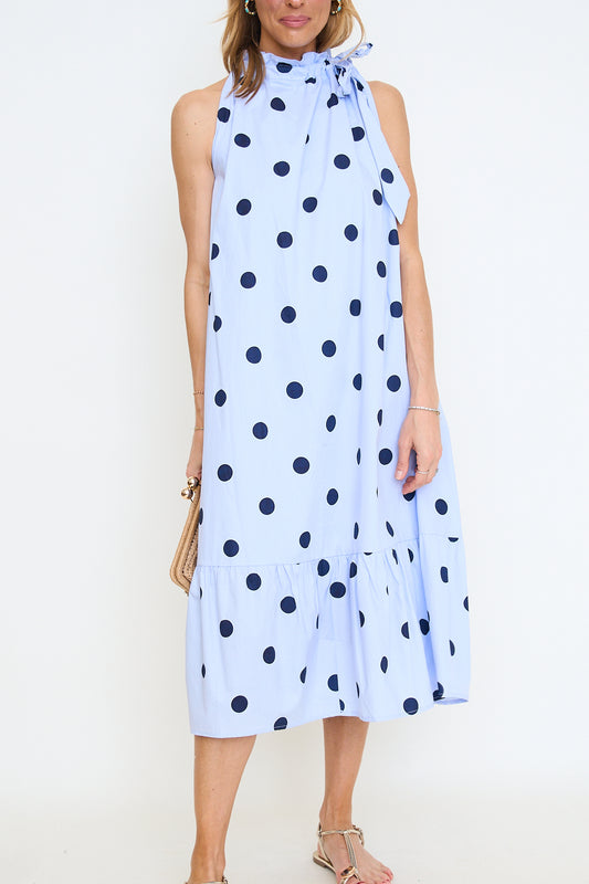 Ruffle Neck Tie Sleeveless Midi Dress - Polka Dot