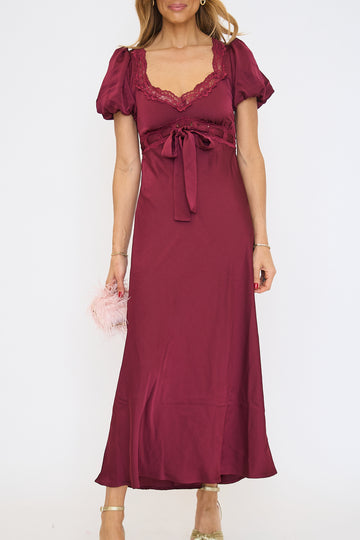 Satin Puff Sleeve Lace Trim Maxi Dress
