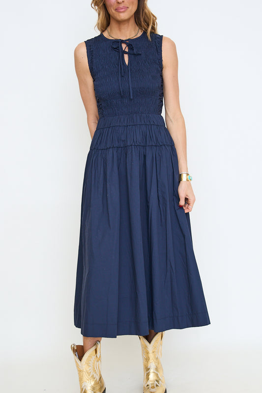 Sleeveless Smocked Shirred Waist Midi Dress