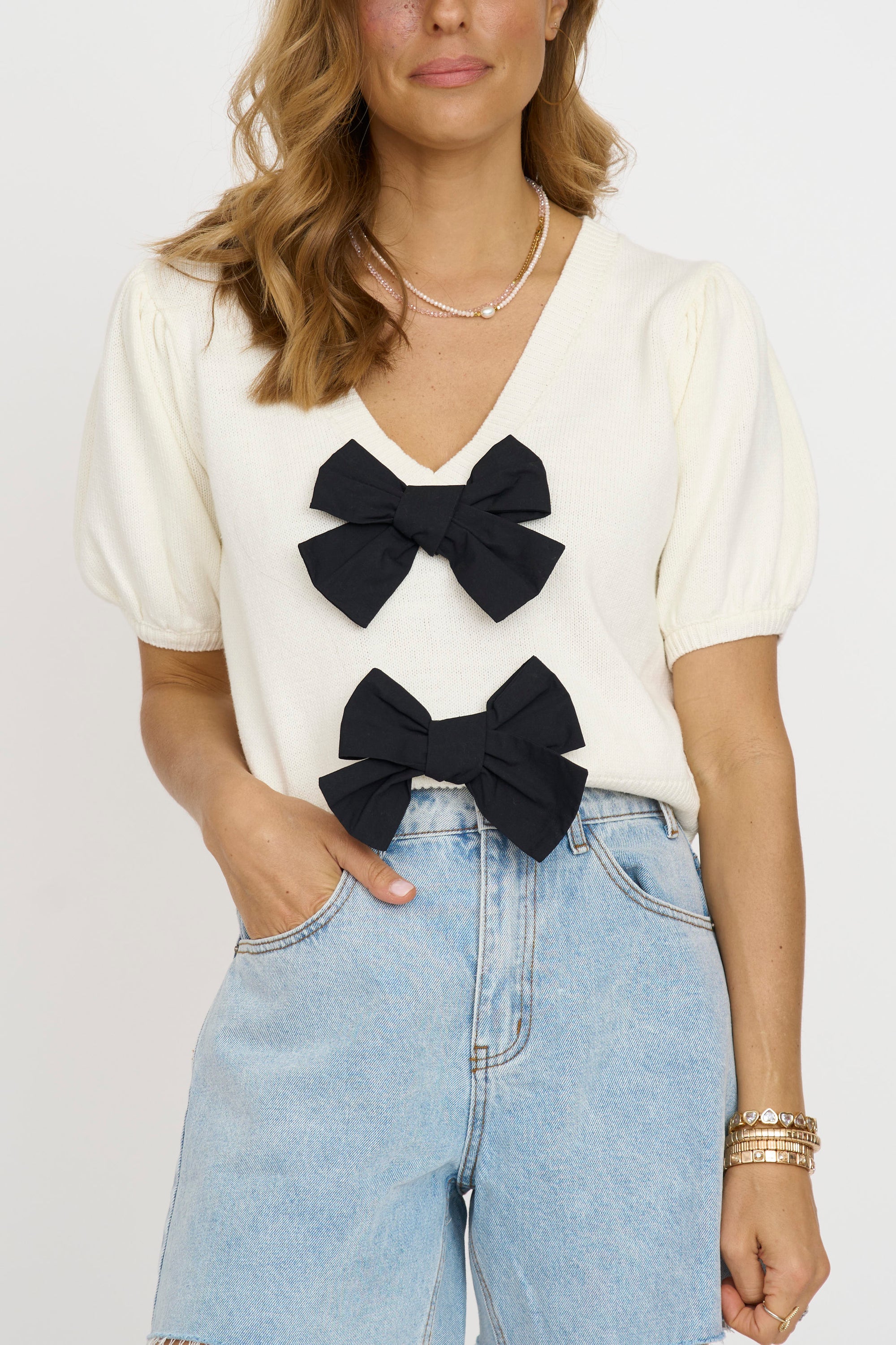 Bow Front Puff Sleeve Sweater