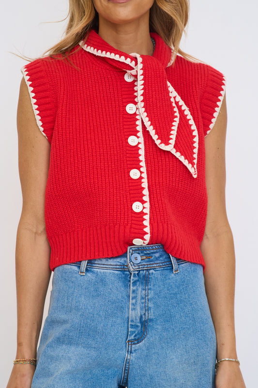 Tie Neck Sweater Vest with Contrast Blanket Stitch