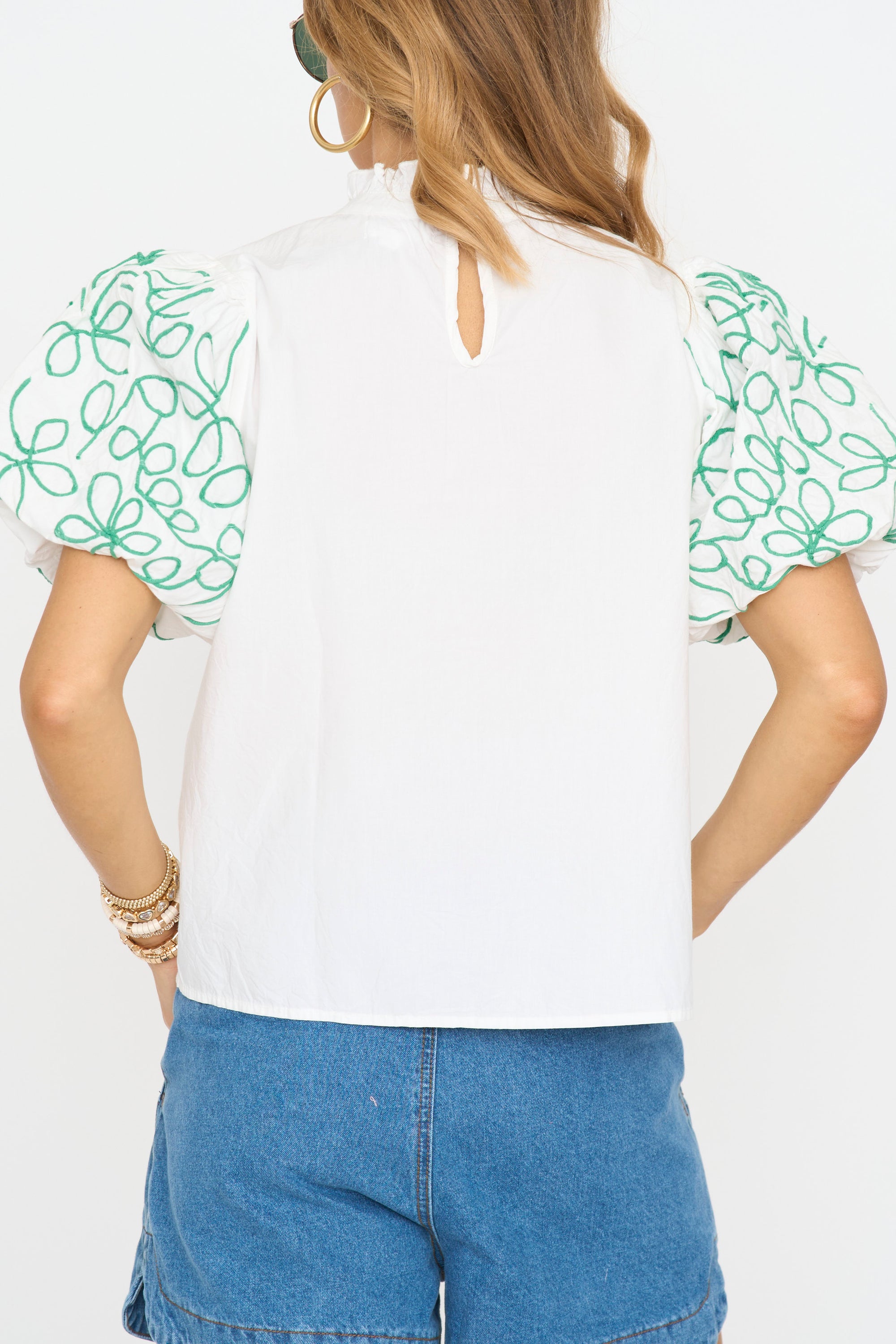 Embroidered White and Green Puff Sleeve Top
