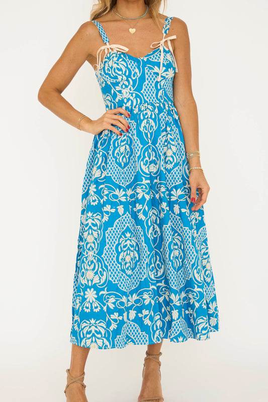 Border Print Sweetheart Neckline Midi Dress
