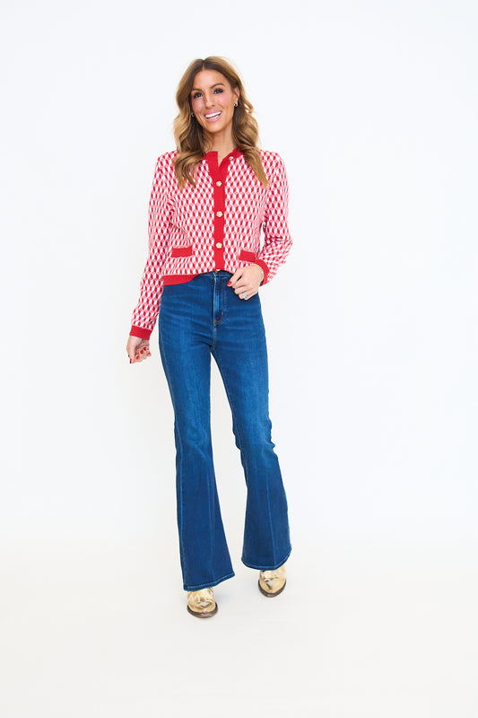 Red Geometric Print Cardigan