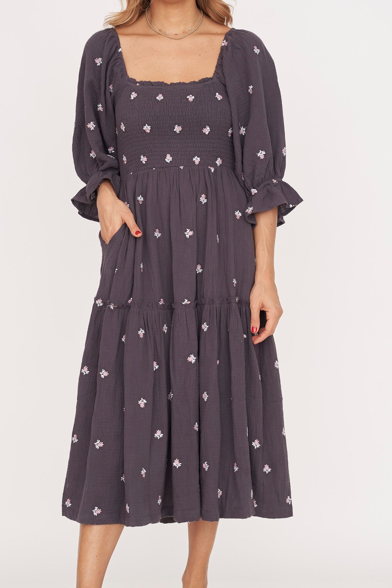 Ditzy Floral Embroidery Midi Dress - Lady Hart