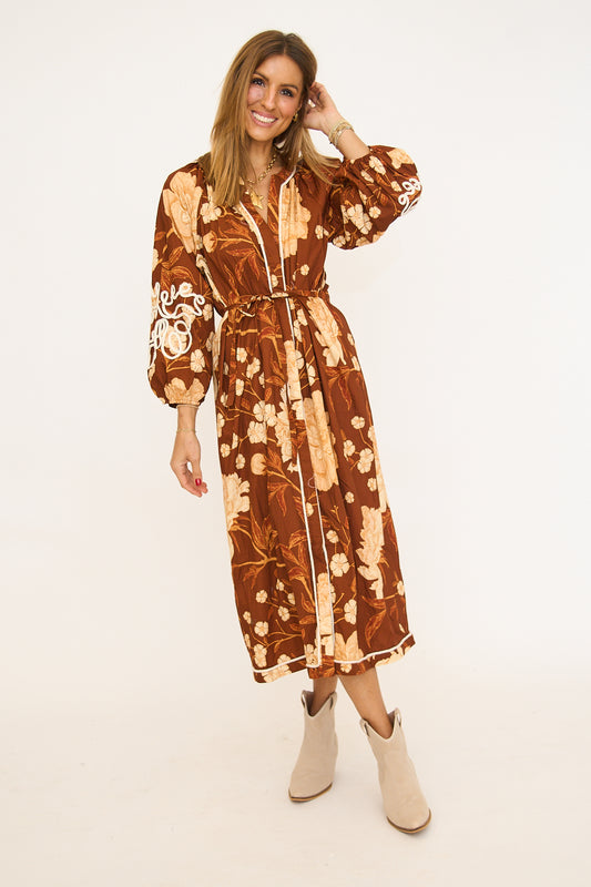 Floral Print Contrast Embroidery Detail Midi Dress