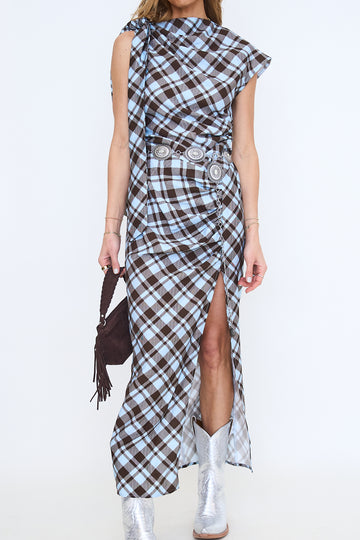 Plaid Tie Shoulder Maxi Dress