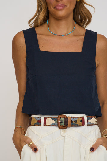 Square Neck Sleeveless Cropped Linen Top - Navy