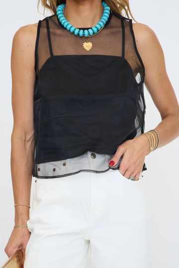 Sleeveless Round Neck Organza Blouse with Inner Camisole