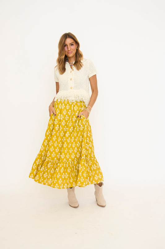 Chartreuse Block Print Maxi Skirt