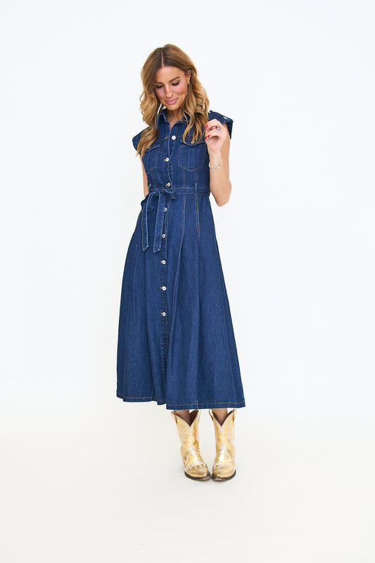 Belted Denim Short Sleeve Button Down Midi Dress