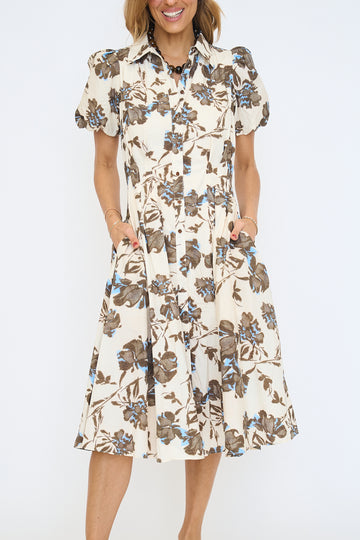 Cream Floral Pleated Collar Midi Dress