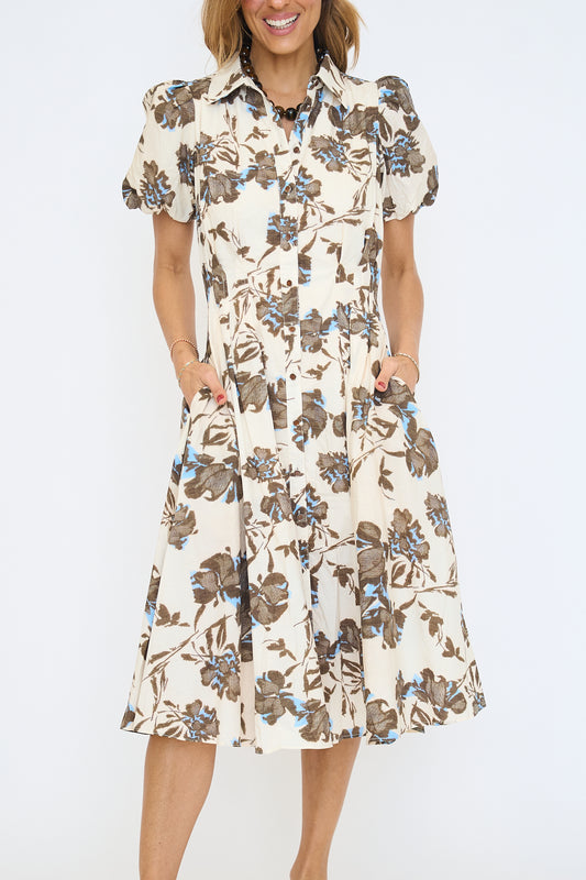 Cream Floral Pleated Collar Midi Dress