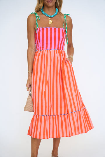 Stripe Color Block Tie Shoulder Maxi Dress