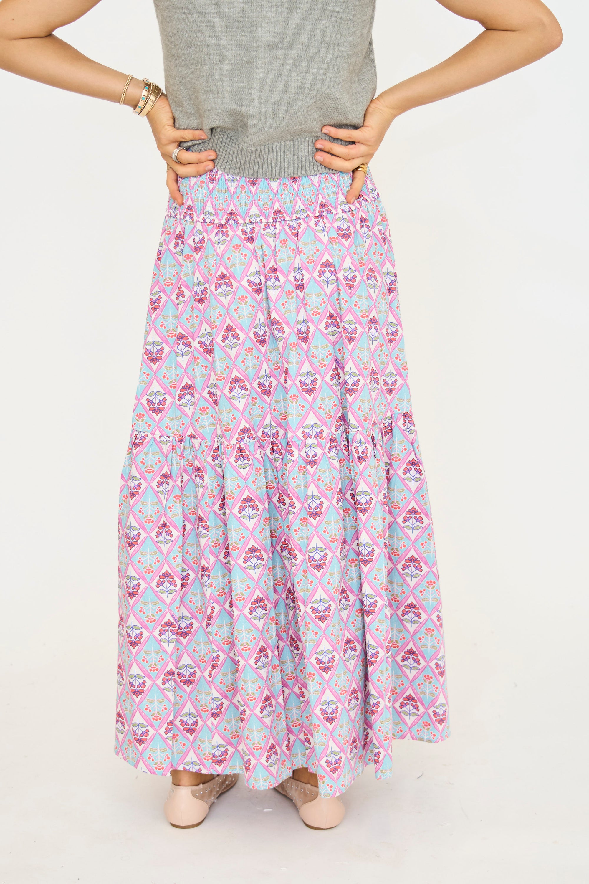 Paris Floral Smock Waist Maxi Skirt