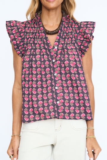 Chocolate Block Print Flutter Sleeve Top