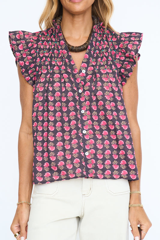 Chocolate Block Print Flutter Sleeve Top