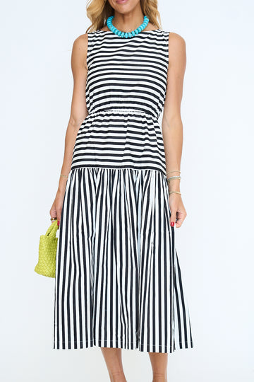Junie Cotton Blend Gathered Stripe Midi Dress