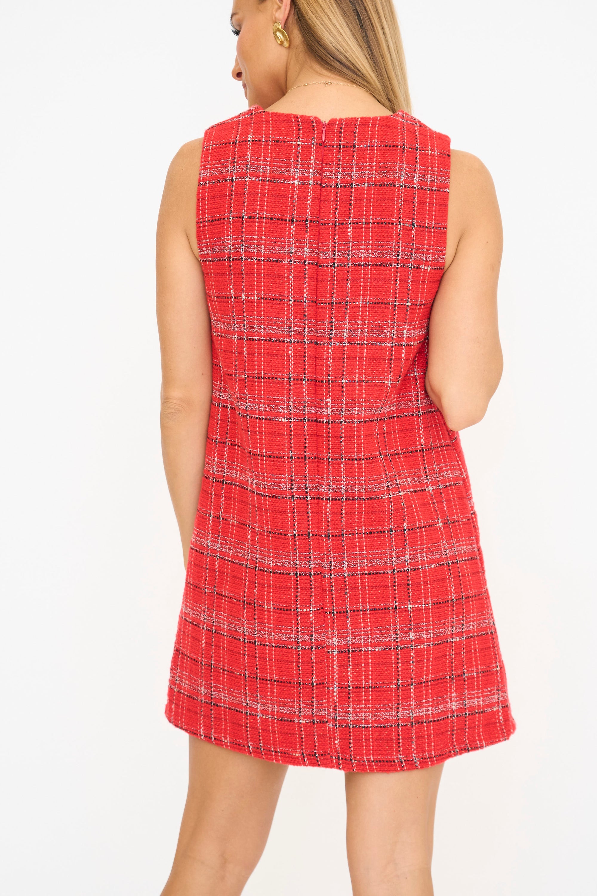 Red Tweed Mini Shift Dress with Gold Buttons