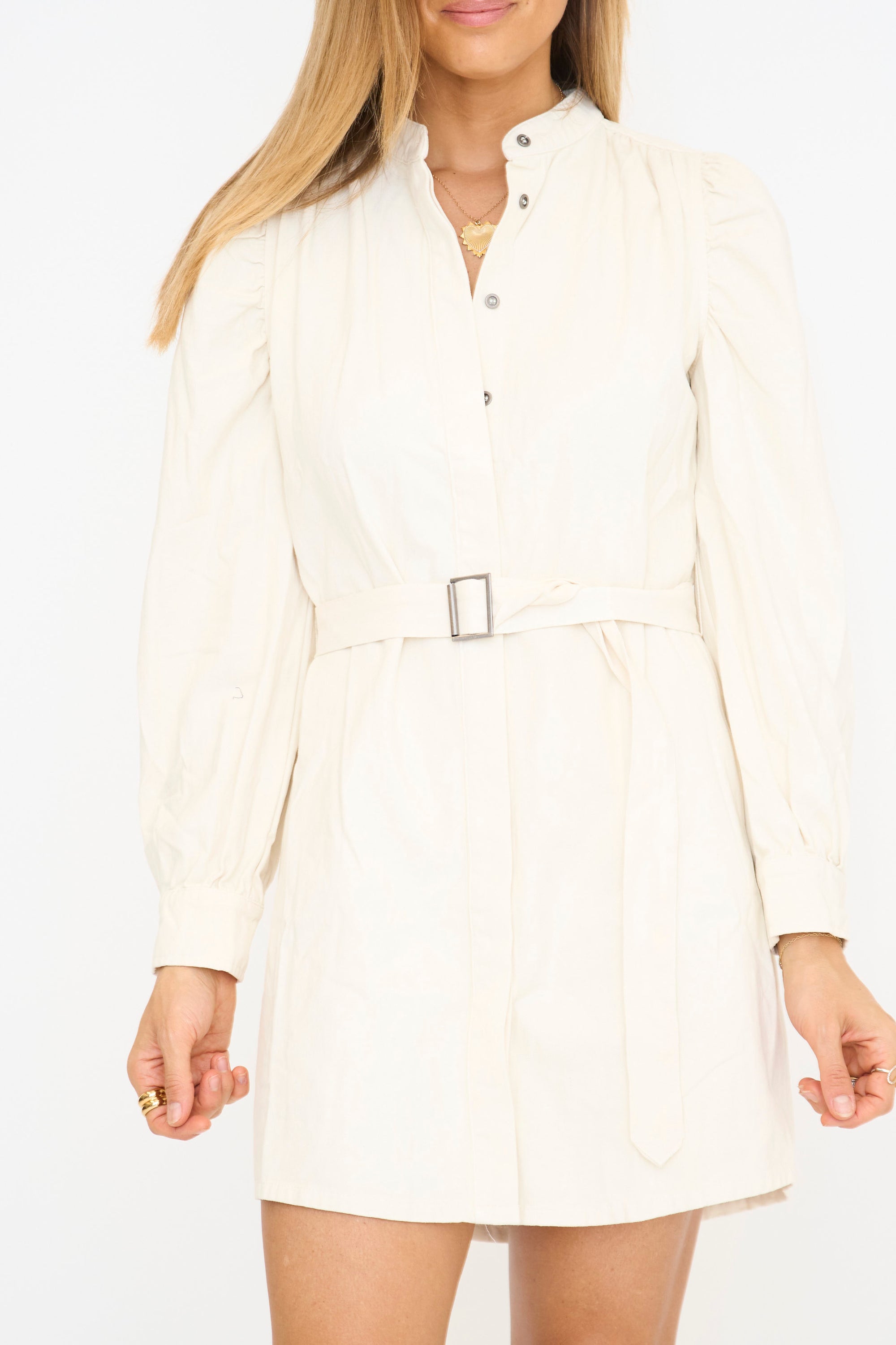 Cream Aundi Denim Puff Sleeve Dress