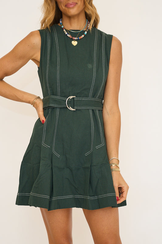 Contrast Topstitching Front Pleats Detail Dress