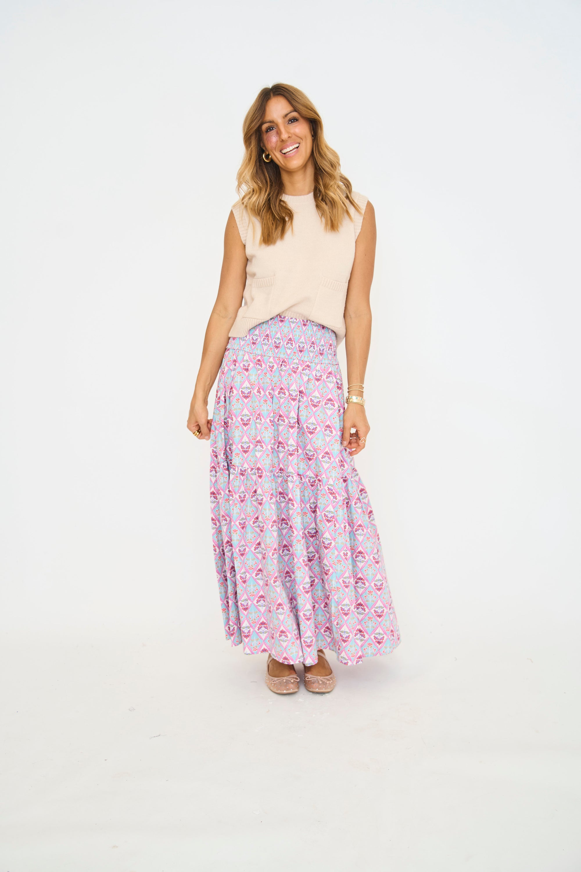 Paris Floral Smock Waist Maxi Skirt