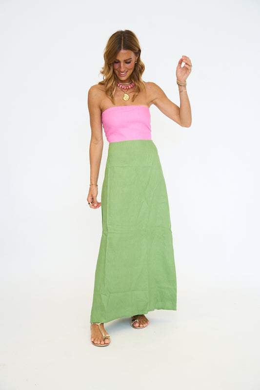 Linen Colorblock Strapless Maxi Dress