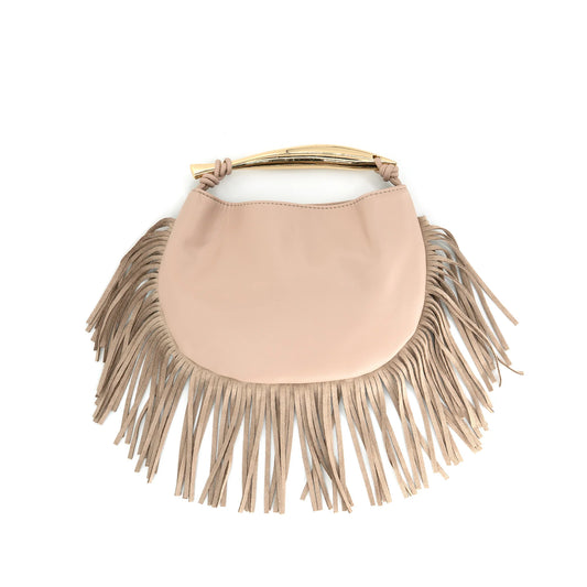 Faux Leather Fringe Bag With Gold Handle - Beige