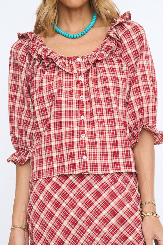 Plaid Ruffle Hostess Blouse