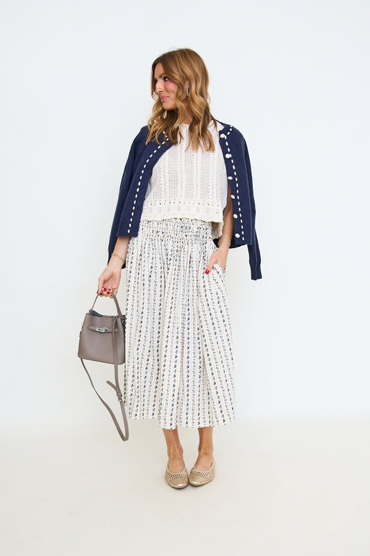 Ditsy Print Midi Skirt with Smocking Waist