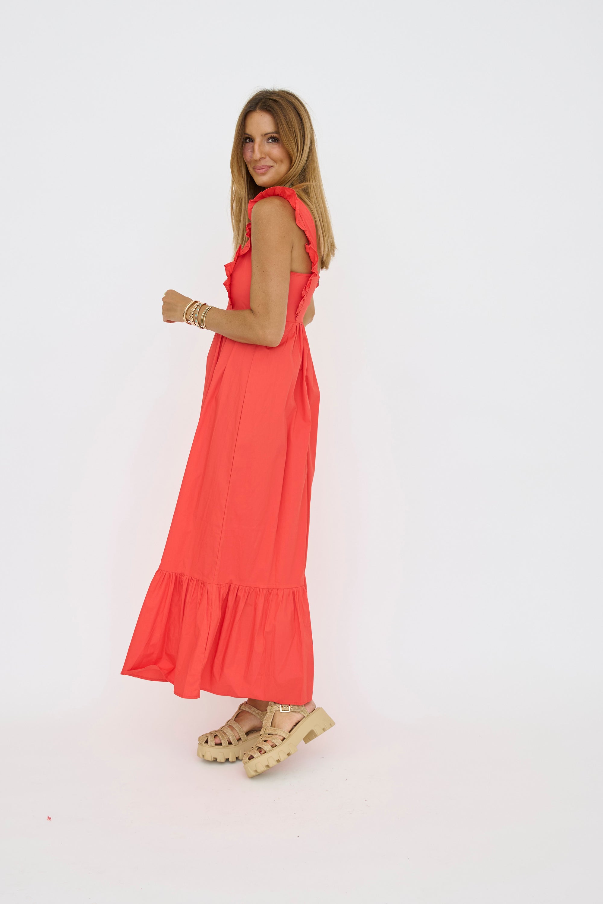 Ruffled Square Neckline Long Dress