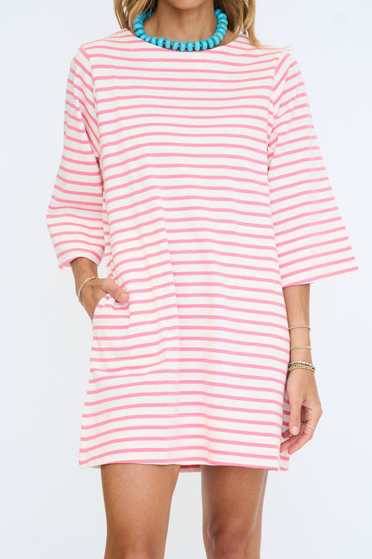 Striped Round Neck Half-Sleeve Mini Dress