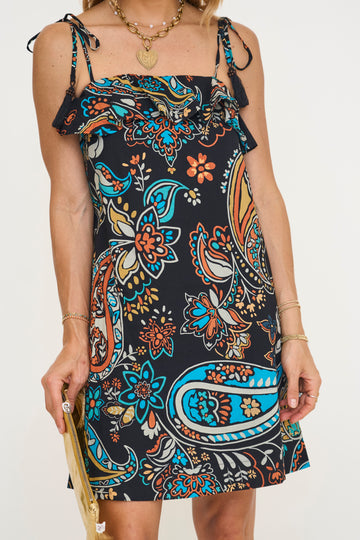 Sadie Paisley Print Ruffled Mini Dress with Tassel