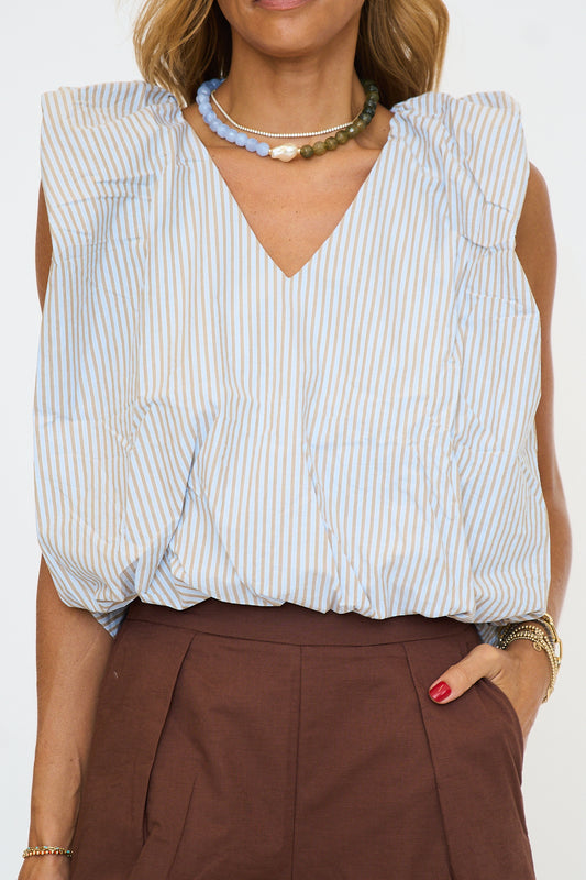 Earthy Blue Stripe Poplin V-Neck Bubble Top