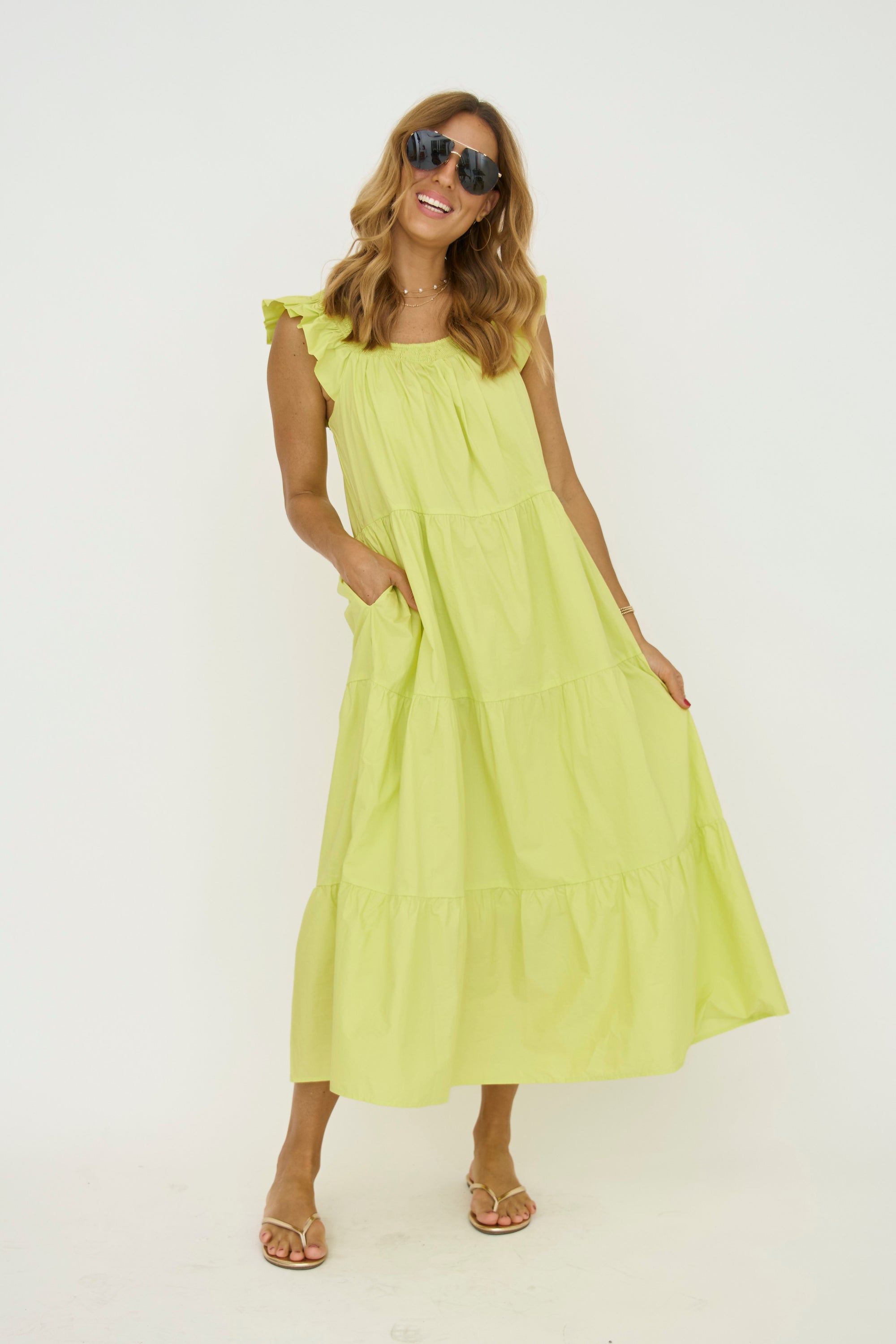 Ruffle Detail Midi Dress in Lime