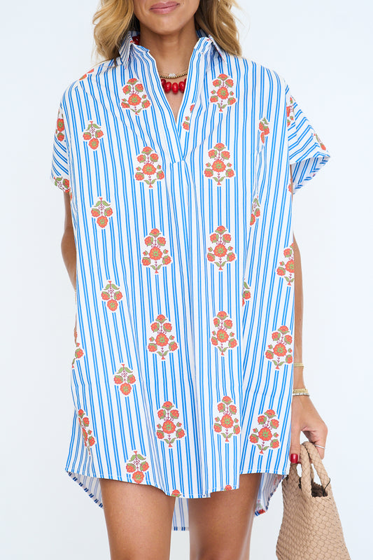 Stripe Floral V-Neck Signature Shirt Dress