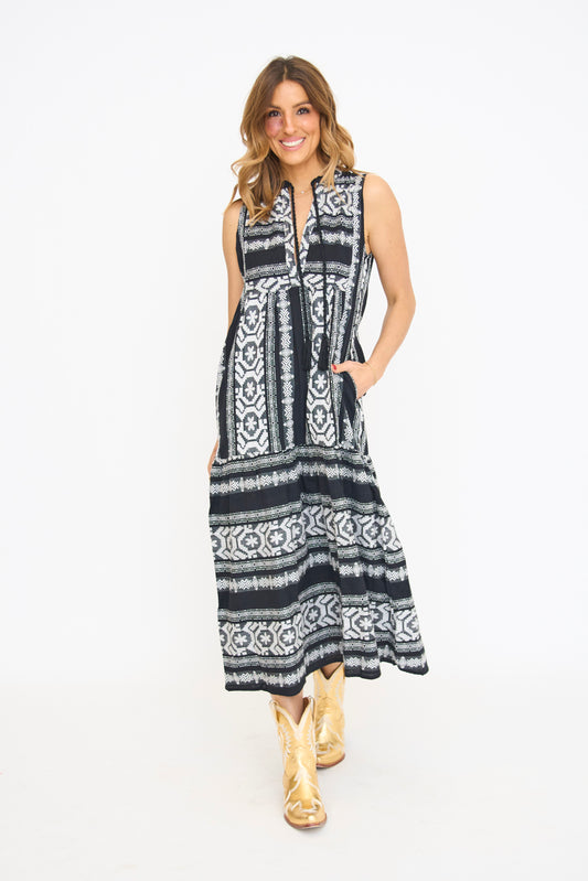 Stacy Embroidered Maxi Dress- Black and White