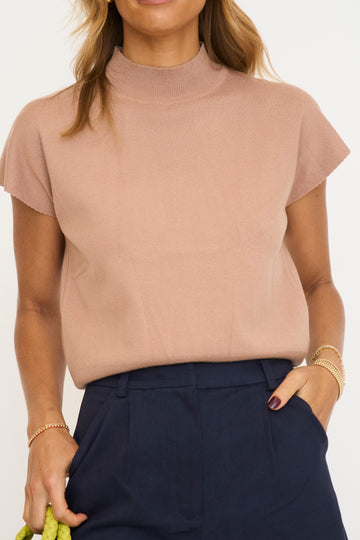 Mock Neck Cap Sleeve w/ Banded Hem