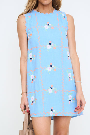 Blue Scalloped Embroidered Mini Shift Dress