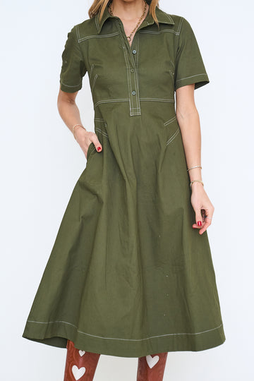 Contrast Stitching Detail Collared Neck Midi Dress