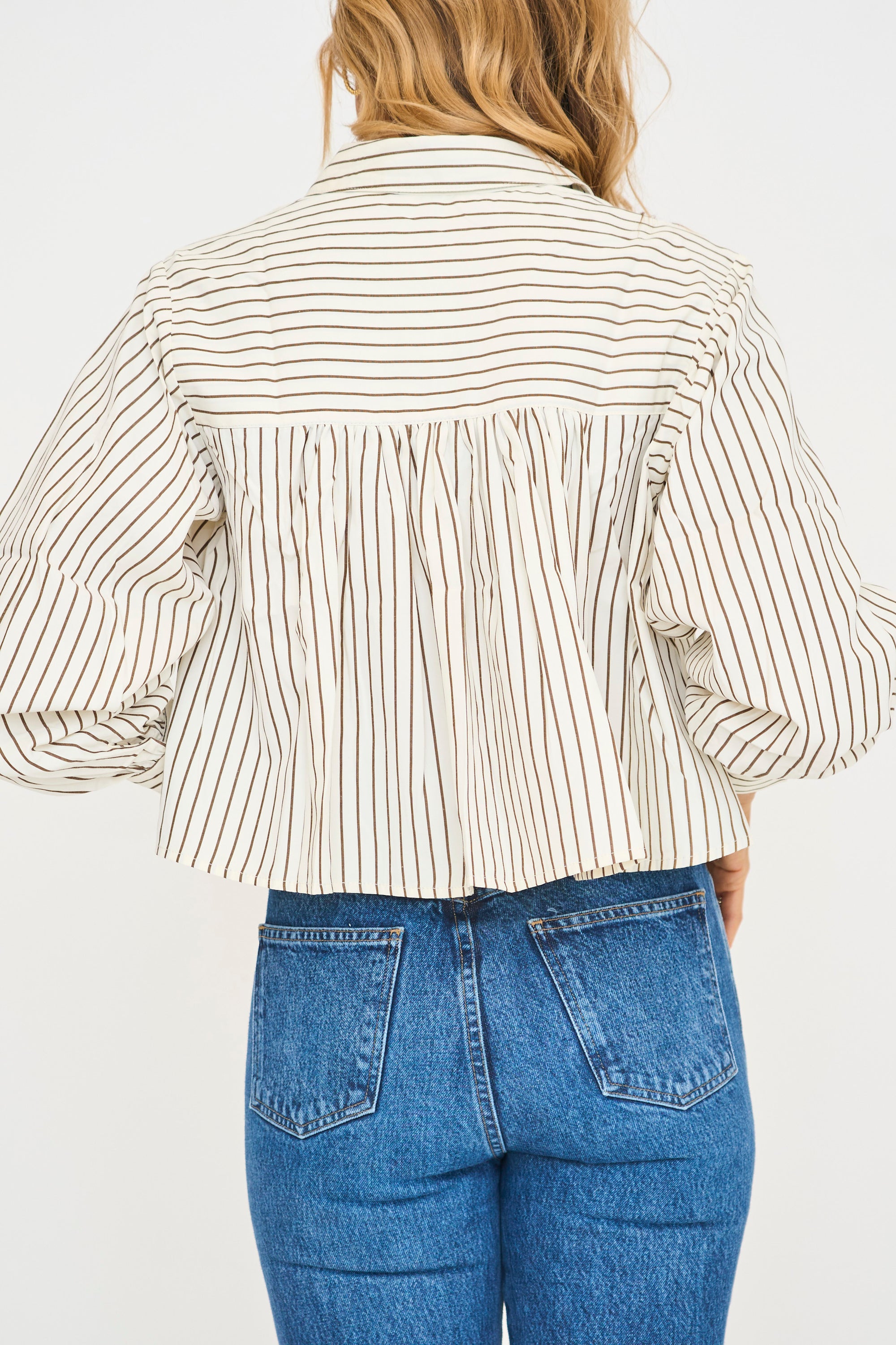 Cocoa Stripe Cropped Pleated Button Down