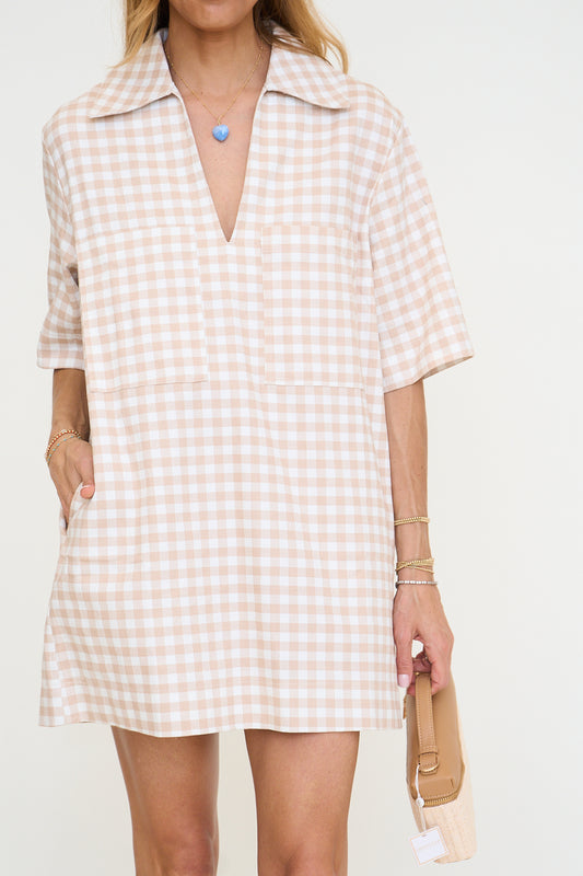 Check Denim V-neck Pocket Dress