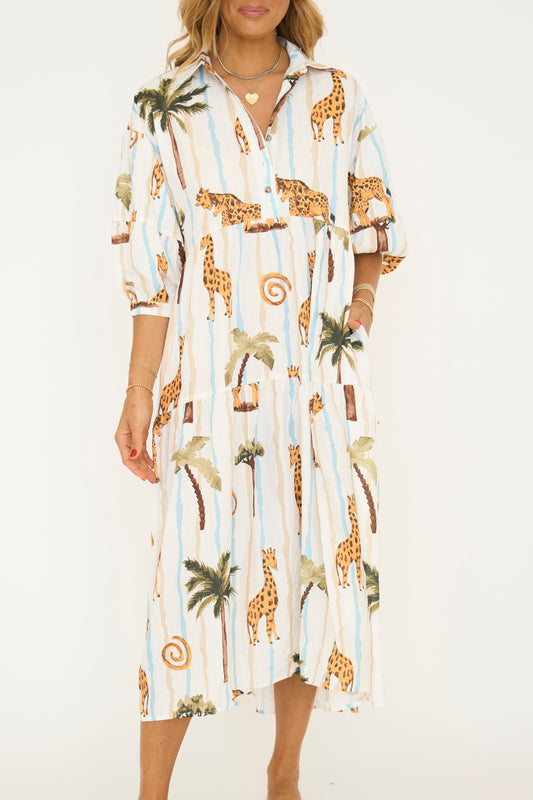 Safari Printed Tiered Shirt Dress