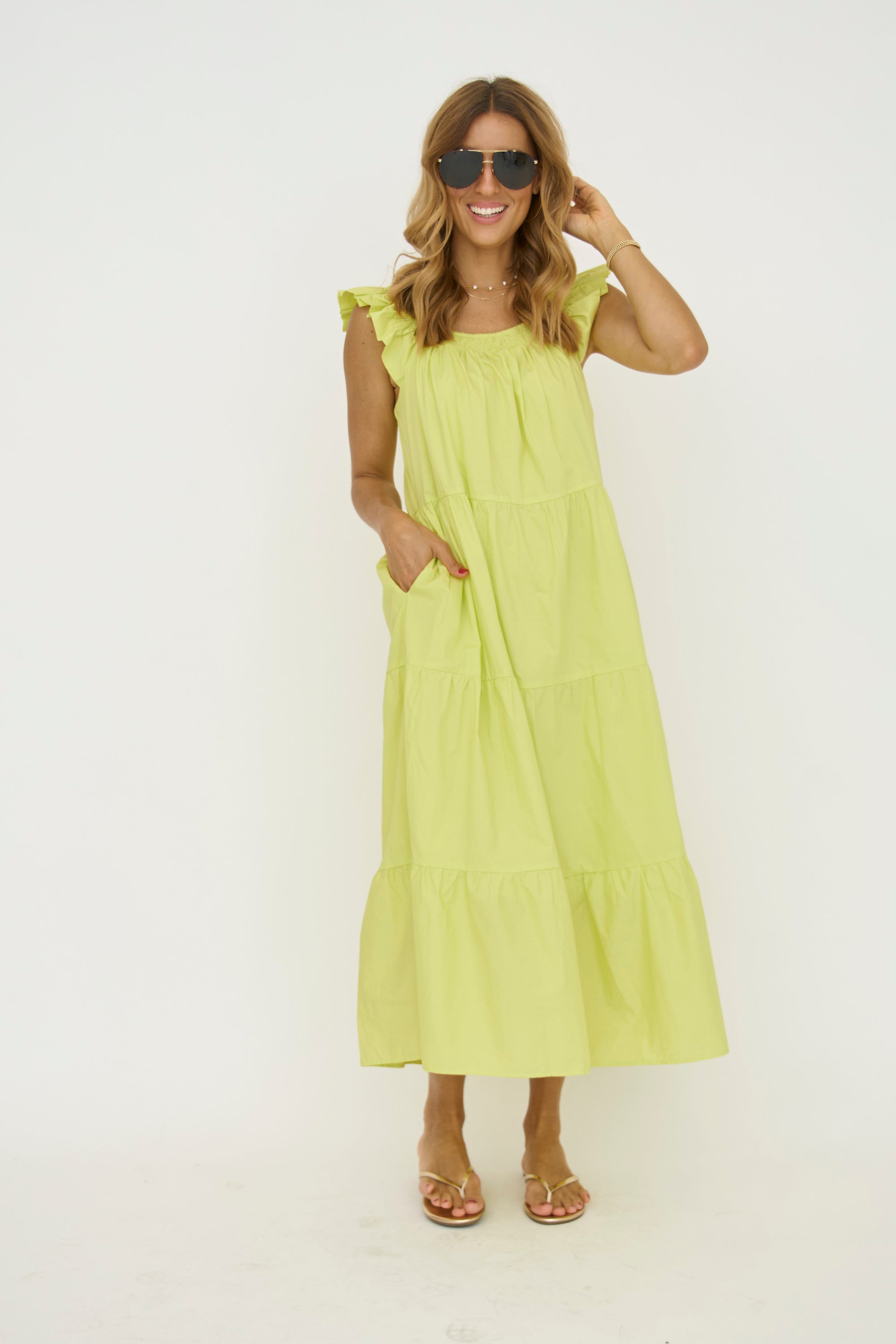 Ruffle Detail Midi Dress in Lime