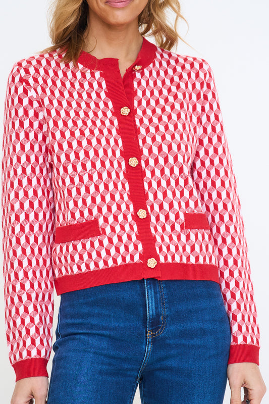 Red Geometric Print Cardigan