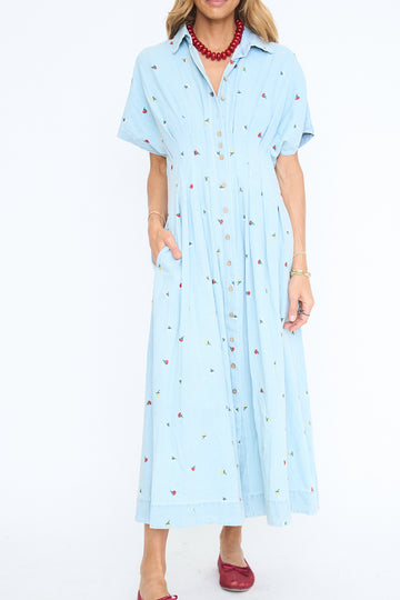 Denim Floral Embroidered Maxi Dress