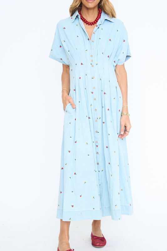 Denim Floral Embroidered Maxi Dress