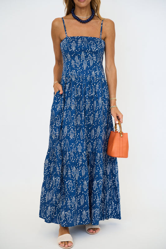 Fish Print Tiered Maxi Dress