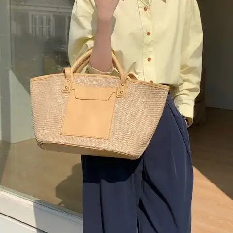 Straw Tote Bag W/Front Pocket