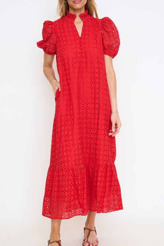 Eyelet Puff Sleeve Midi Dress